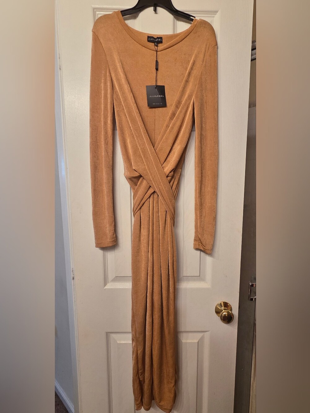 JLUXLABEL Long Sleeve Wrap Maxi Dress in Camel Brown Size MEDIUM New With Tags